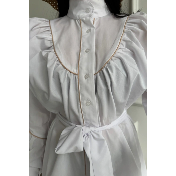 ÖNDEN DÜĞMELİ POPLİN KLOŞ ELBİSE BAĞLAMA KEMER DETAYLI - Beyaz