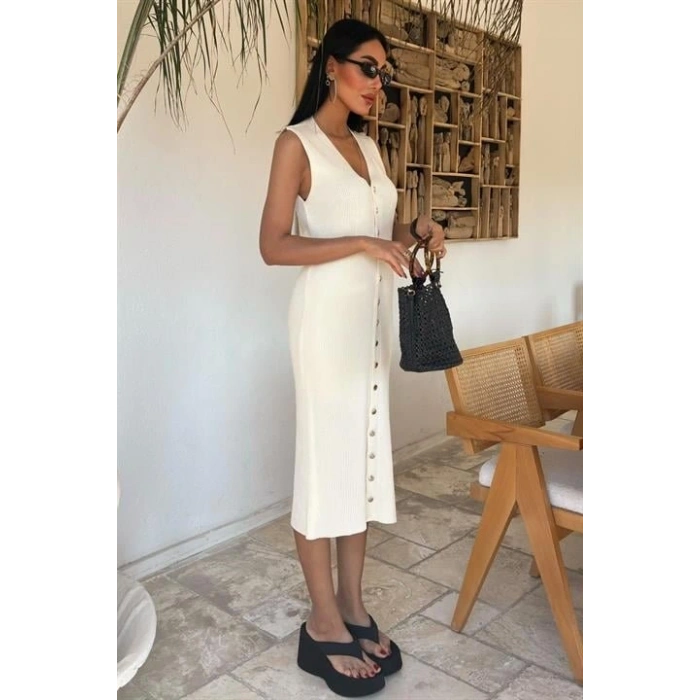 Önü Düğmeli Fitilli Kolsuz Elbise 2832