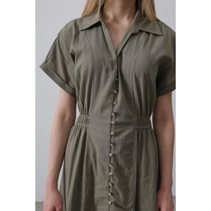 Önü Düğmeli Kısa Kol Elbise - Haki