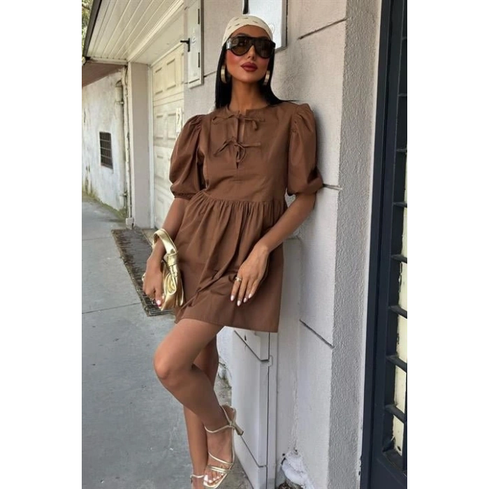 Önü Fiyonk Bağlamalı Ve Balon Kollu Elbise 2893