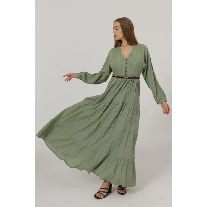 Önü Yarım Düğmeli Uzun Kol Kemerli Elbise - Haki