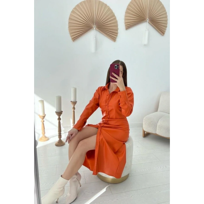 Oranj Boydan Düğmeli Deri Elbise