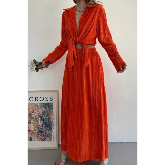 Oranj Fitilli Gömlek Ve Uzun Etek Takım