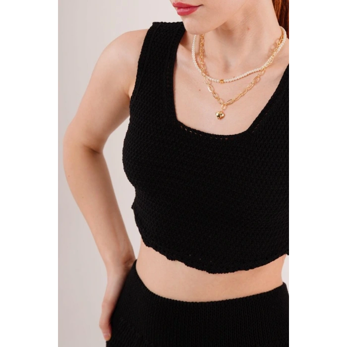 Örme Detaylı Etek Ve Bluz Siyah Takım