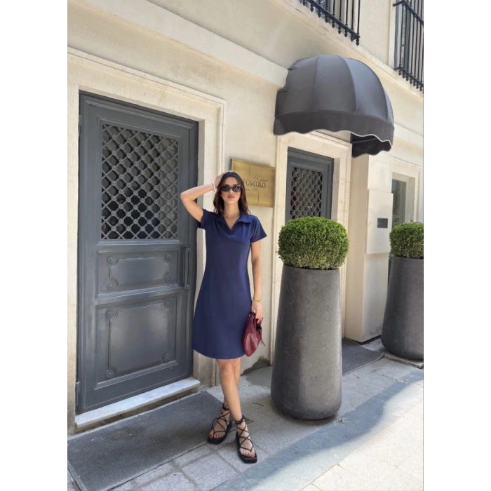 Osy Modal Yumuşak Dokulu Kumaş Yakalı Kısa Kollu Elbise - Mavi