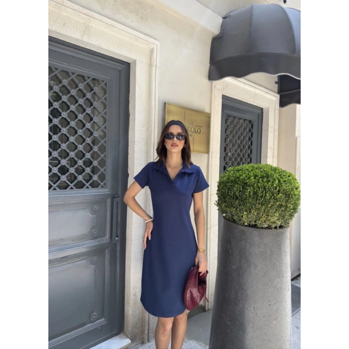 Osy Modal Yumuşak Dokulu Kumaş Yakalı Kısa Kollu Elbise - Mavi