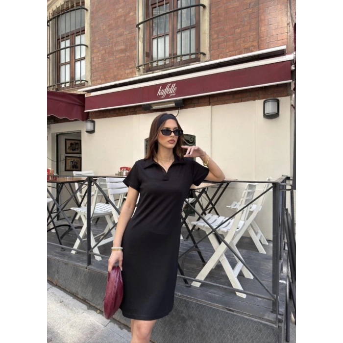 Osy Modal Yumuşak Dokulu Kumaş Yakalı Kısa Kollu Elbise - Siyah