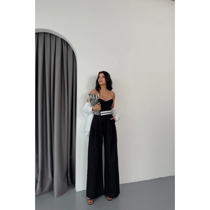 PANTOLON BEL ŞERİT DETAYLI - Siyah