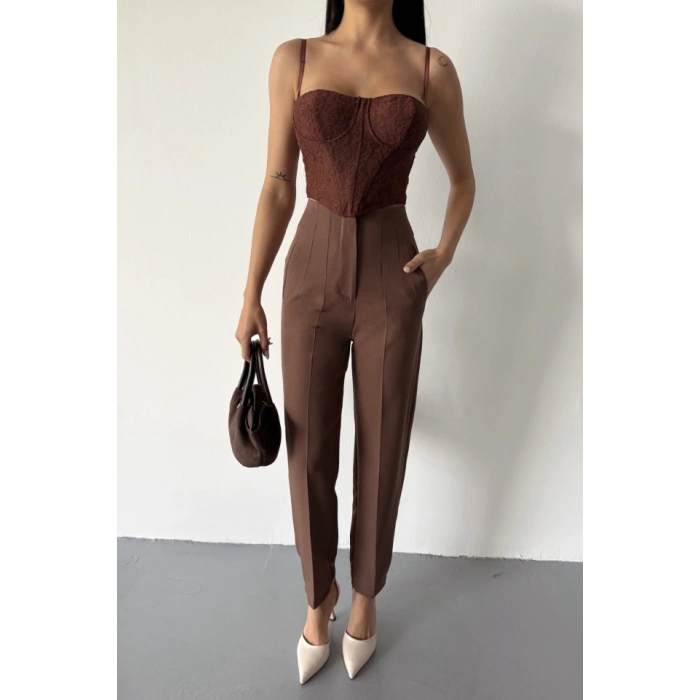 PANTOLON PENSLİ ATLAS KUMAŞ - Kahverengi