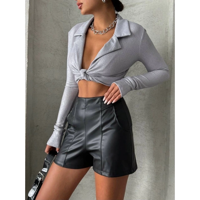 Parçalı cepli deri şort siyah w26312