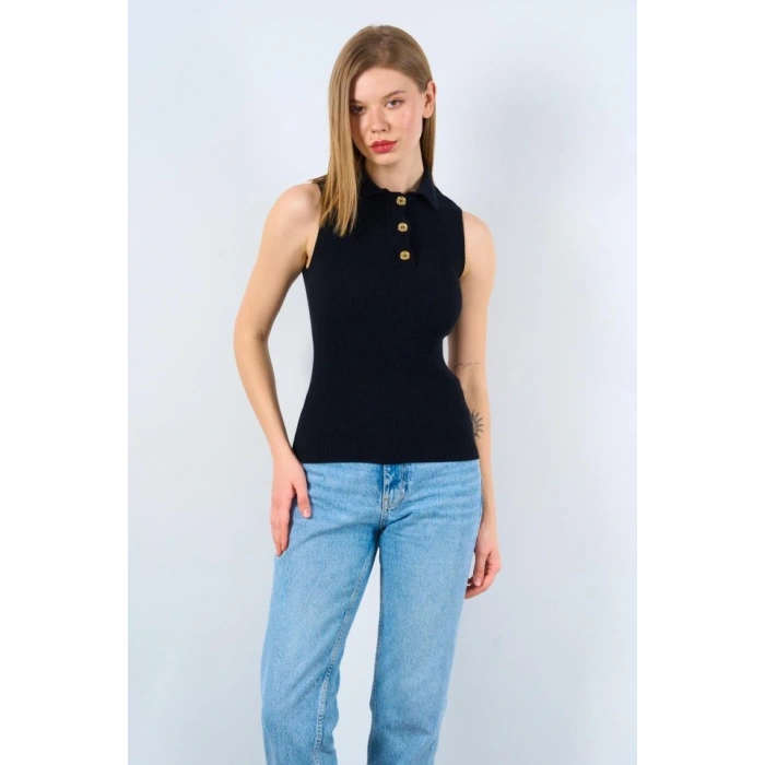 Patlı Düğmeli Triko Atlet - Siyah