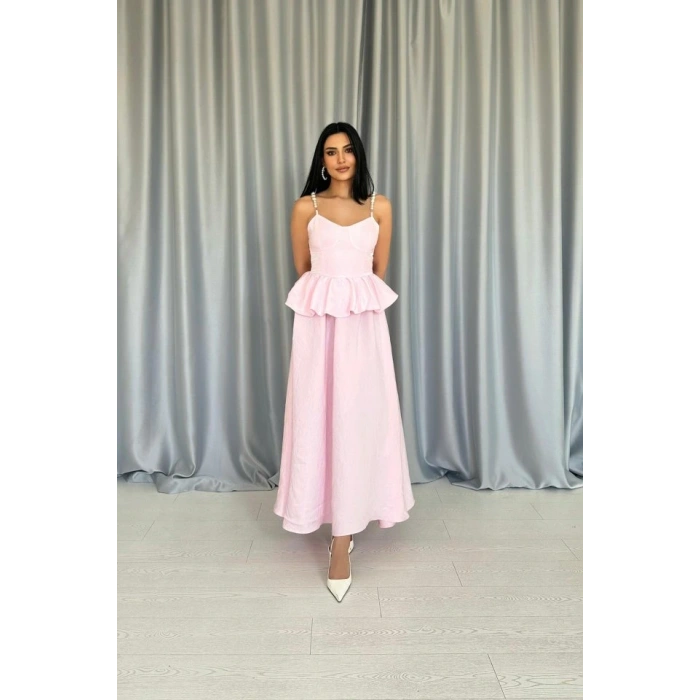 Pembe Beli Büzgülü İnci Askılı Uzun Elbise