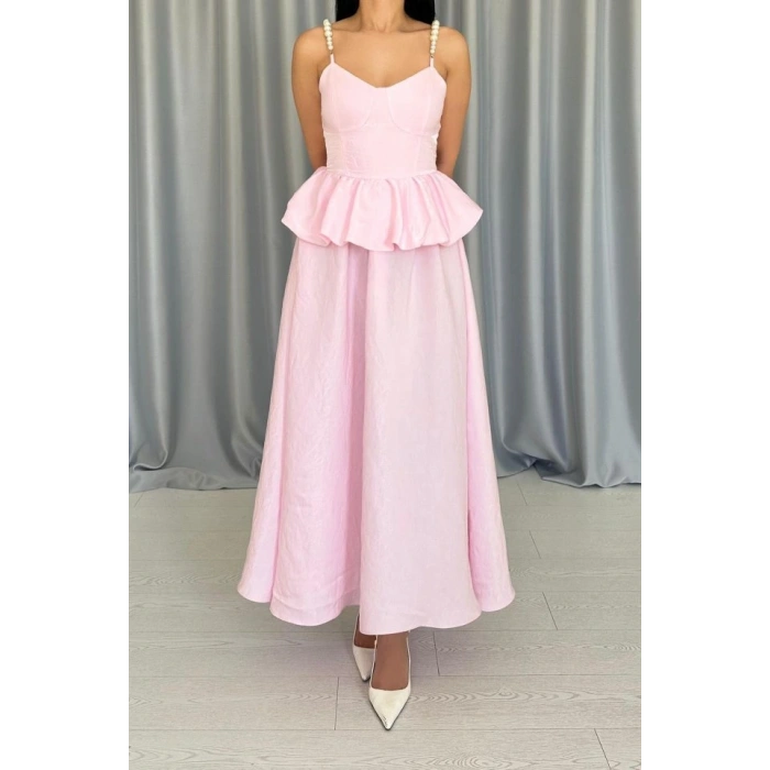 Pembe Beli Büzgülü İnci Askılı Uzun Elbise