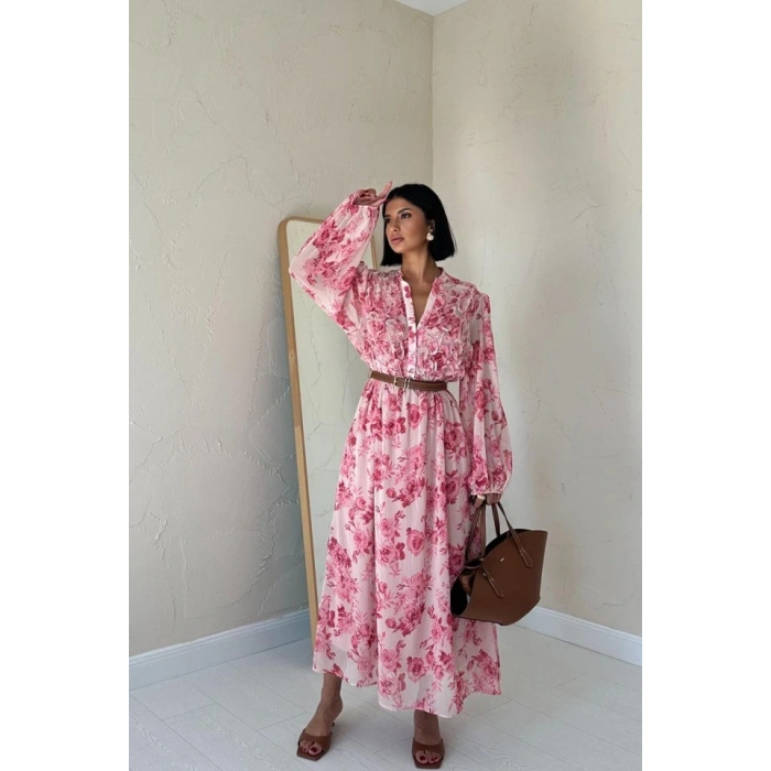 Pembe Biye Detaylı Elbise