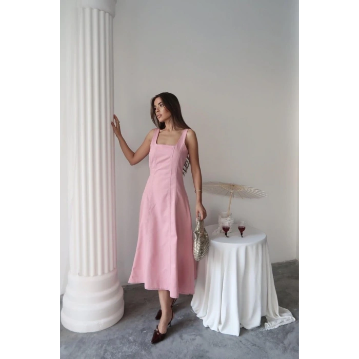 Pembe Çift Dikişli Gabardin Elbise