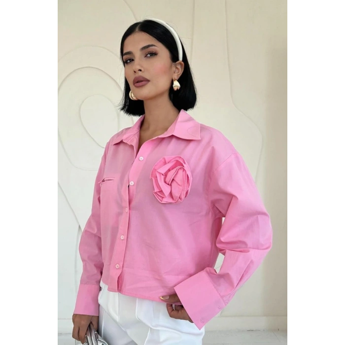 Pembe Fleto Cepli Poplin Gömlek