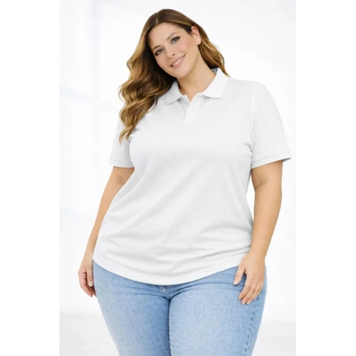 Pike Kumaş Düğmeli Yaka Battal Büyük Beden Günlük Kısa Kol Tişört T-shirt - Beyaz