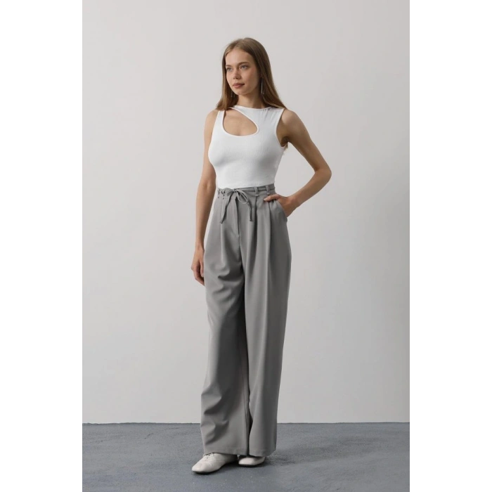 Pileli Bağcıklı Oversize Pantolon - Gri