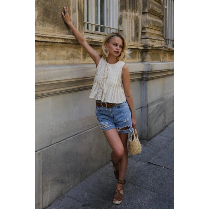 Pileli Bağlamlı Bluz - Natür