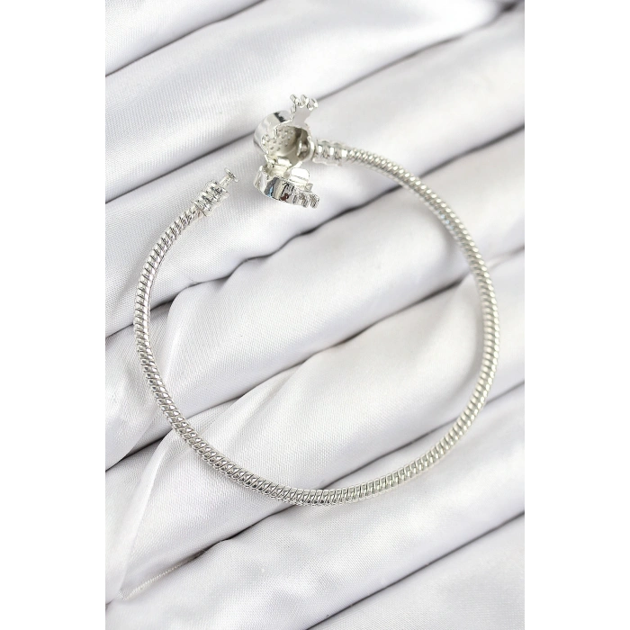 Pirinç Charm Zirkon Taşlı Taç Model Gümüş Renk Kadın Bileklik