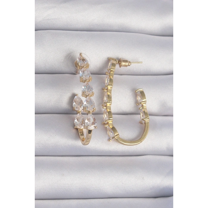 Pirinç Gold Renk Damla Zirkon Taş Tasarımlı Küpe