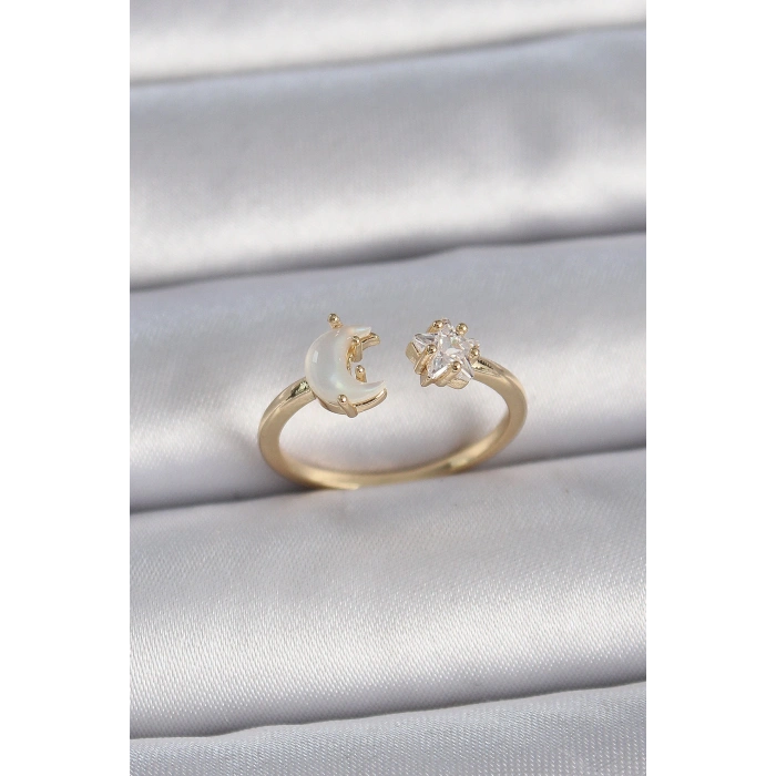 Pirinç Gold Renk İncili Hilal Zirkon Taşlı Yıldız Ayarlanabilir Model Kadın Yüzük