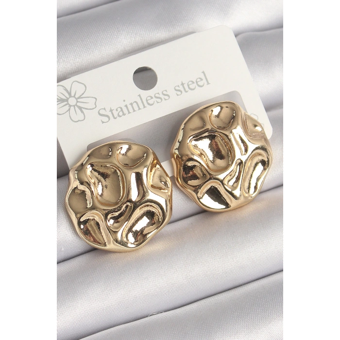 Pirinç Gold Renk İşlemeli Daire Plaka Model Kadın Küpe