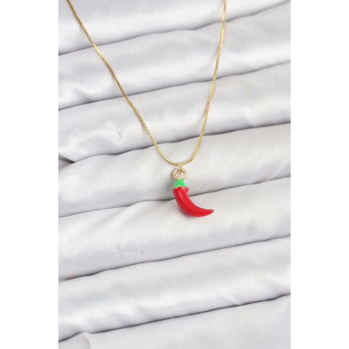 Pirinç Gold Renk Kırmızı Kapya Biber Model Kadın Kolye