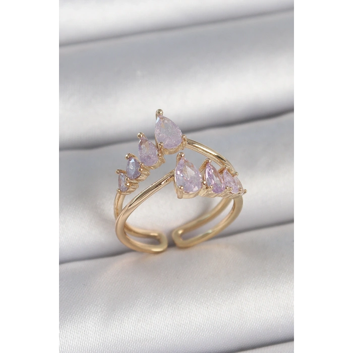 Pirinç Gold Renk Mor Damla Zirkon Taşlı Taç Model Kadın Yüzük