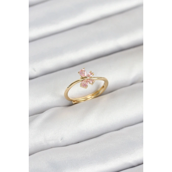 Pirinç Gold Renk Pembe Kelebek Kadın Yüzük