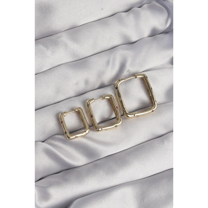 Pirinç Gold Renk Renkli Zirkon Taşlı Kare Model Küpe Seti
