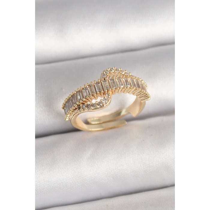 Pirinç Gold Renk Su Yolu Zirkon Taşlı Ayarlanabilir Model Kadın Yüzük