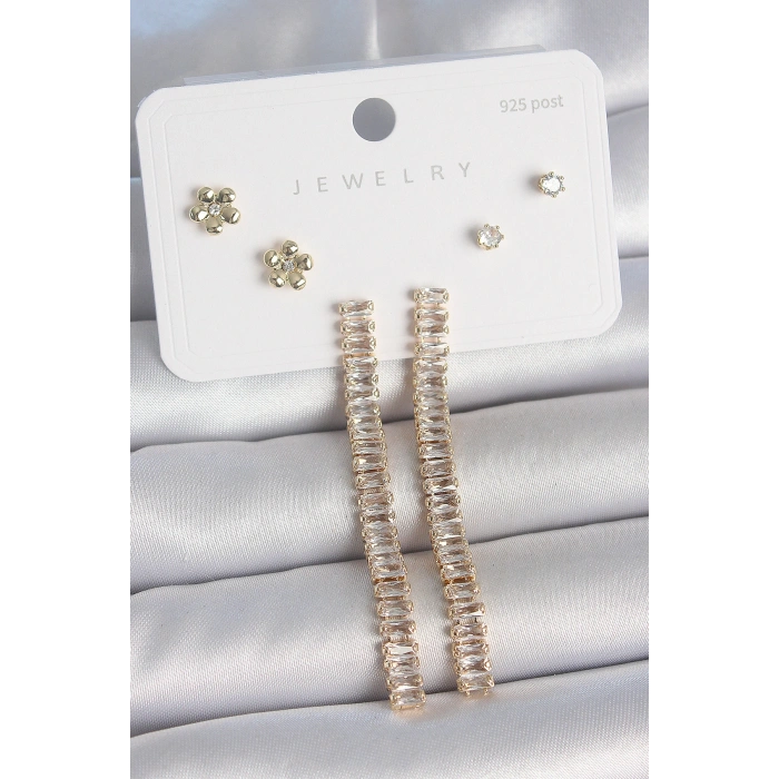 Pirinç Gold Renk Su Yolu Zirkon Taşlı Sallantı Model Çiçek Detay 925 Ayar Gümüş Çivi Kadın Küpe Seti