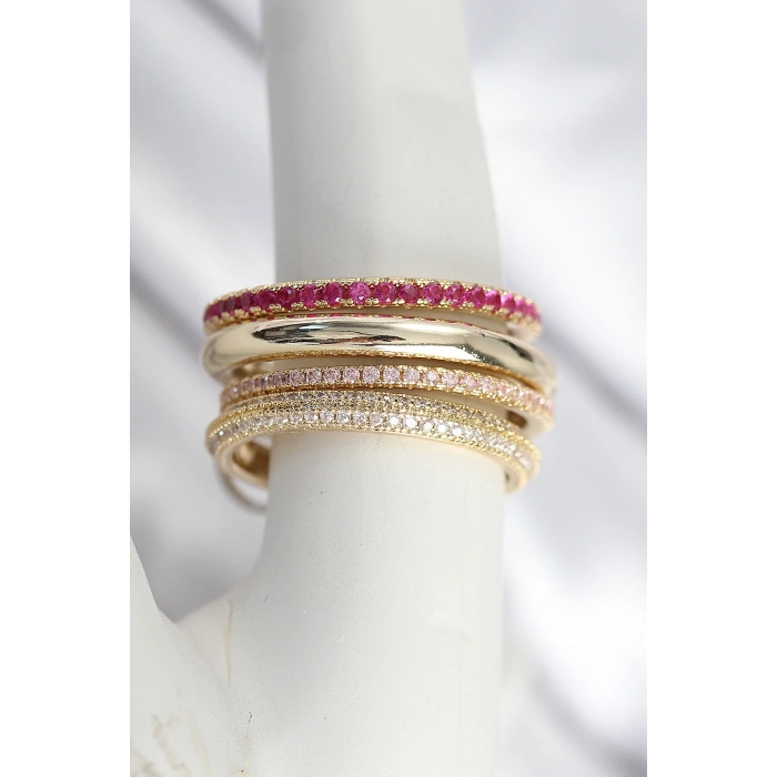 Pirinç Gold Renk Zirkon Taşlı 3Lü Kadın Yüzük