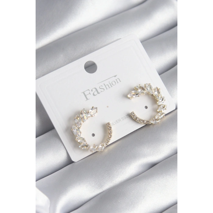 Pirinç Gold Renk Zirkon Taşlı Kadın Küpe