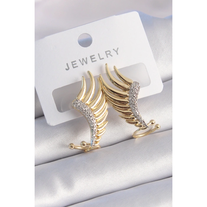 Pirinç Gold Renk Zirkon Taşlı Kanat Model Kadın Küpe