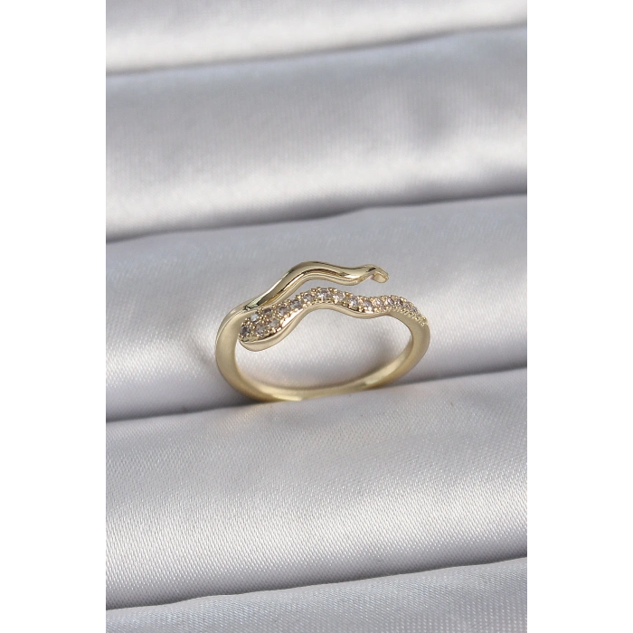 Pirinç Gold Renk Zirkon Taşlı Yılan Ayarlanabilir Model Kadın Yüzük