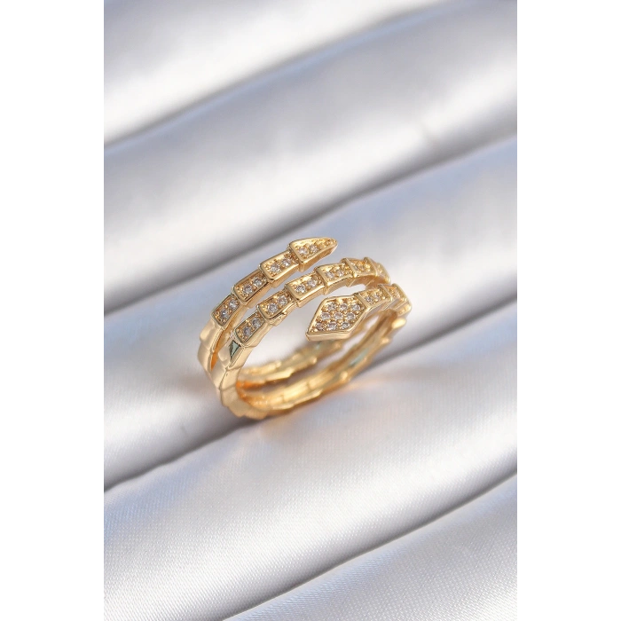 Pirinç Gold Renk Zirkon Taşlı Yılan Model Kadın Yüzük