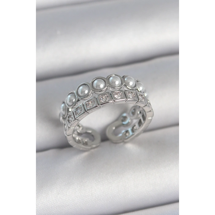 Pirinç Gümüş Renk 2Li Sıra Zirkon Taşlı Ve İncili Ayarlanabilir Kadın Yüzük