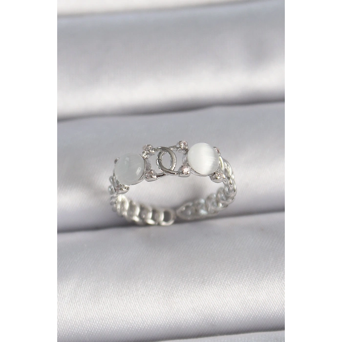 Pirinç Gümüş Renk Ayarlanabilir Zirkon Taşlı Beyaz Mineli Birleşik Halka Model Kadın Yüzük