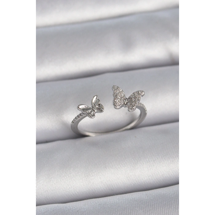 Pirinç Gümüş Renk Ayarlanabilir Zirkon Taşlı Kelebek Model Kadın Yüzük