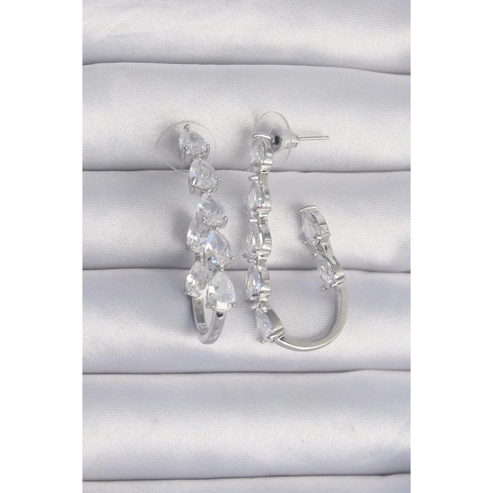 Pirinç Gümüş Renk Damla Zirkon Taş Tasarımlı Küpe