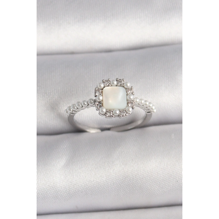 Pirinç Gümüş Renk İncili Kare Beyaz Mineli Ayarlanabilir Kadın Yüzük