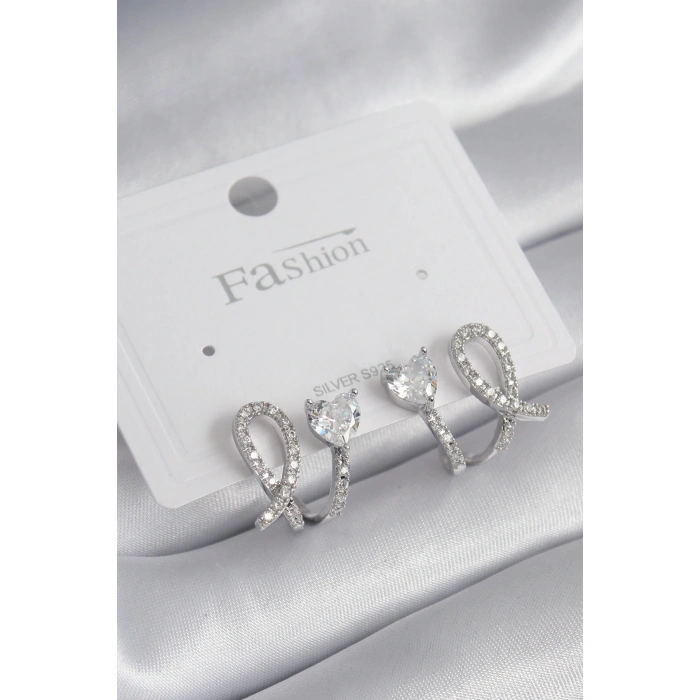 Pirinç Gümüş Renk Kalp Model Zirkon Taşlı Kadın Küpe