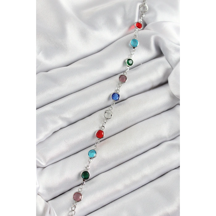 Pirinç Gümüş Renk Karışık Renk Zirkon Taşlı Kadın Bileklik