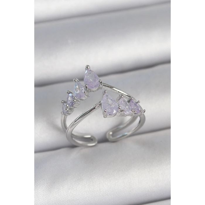 Pirinç Gümüş Renk Mor Damla Zirkon Taşlı Taç Model Kadın Yüzük