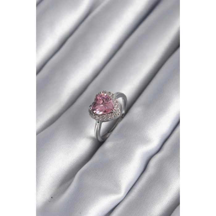 Pirinç Gümüş Renk Pembe Zirkon Taş Kalp Charm Model Kadın Yüzük