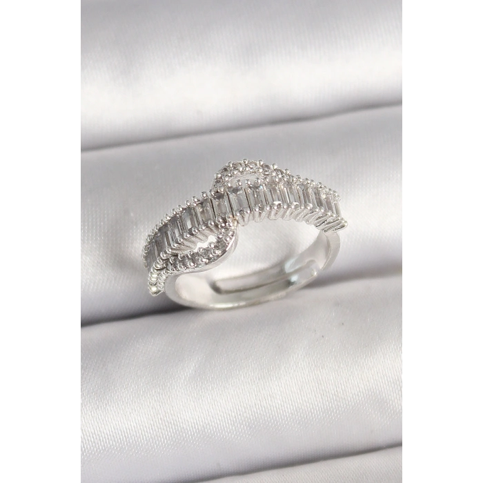 Pirinç Gümüş Renk Su Yolu Zirkon Taşlı Ayarlanabilir Model Kadın Yüzük