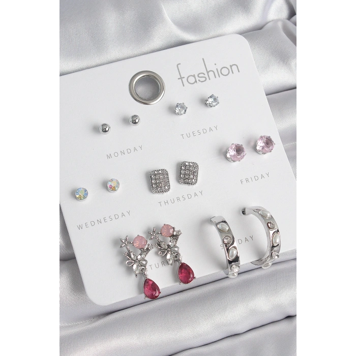 Pirinç Gümüş Renk Zirkon Taşlı Çiçek Figür İncili Halka Detay 7 Çift Kadın Küpe Seti