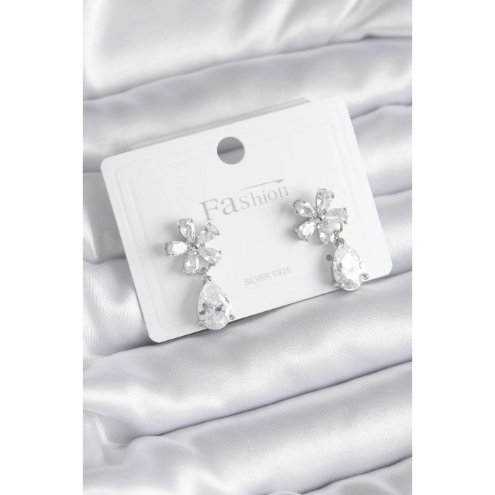 Pirinç Gümüş Renk Zirkon Taşlı Çiçek Model Damla Model Kadın Küpe